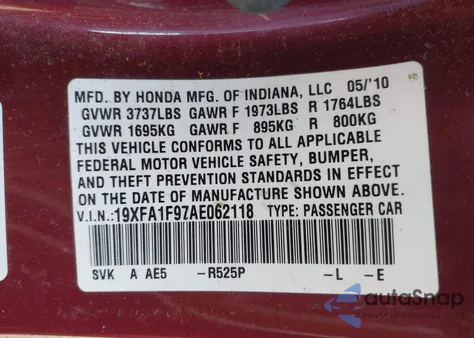 2010 Honda Civic Ex-L z USA, uszkodzony, nr VIN 19XFA1F97AE062118